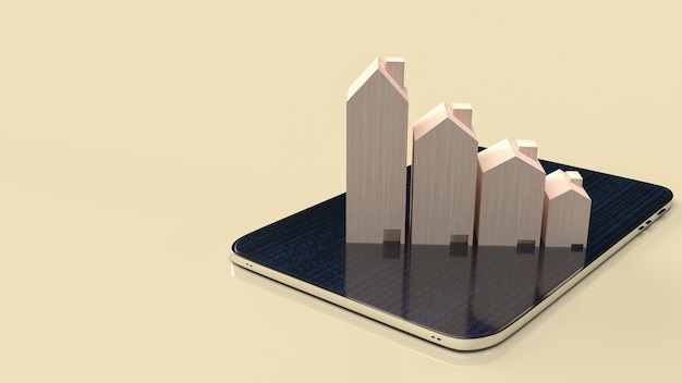 La casa in legno su smart phone per il rendering 3d del contenuto di proprietà