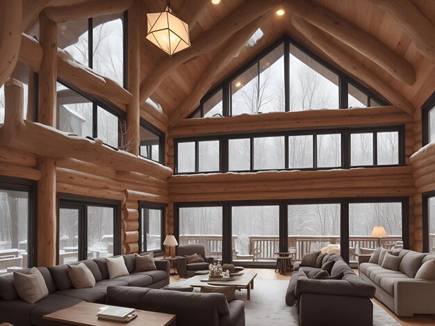 Photo wood house living room outside the windows a view of the winter snowcovered landscape