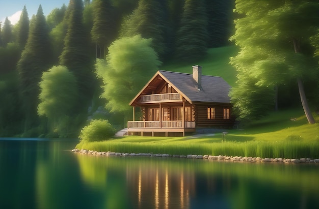 Wood house in nature forest woods Wooden cabin cottage by water among trees