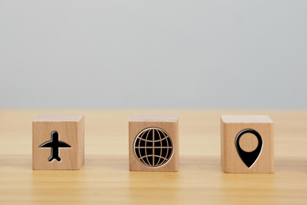 Wood icon cube for travel trip plane globe and bookmark