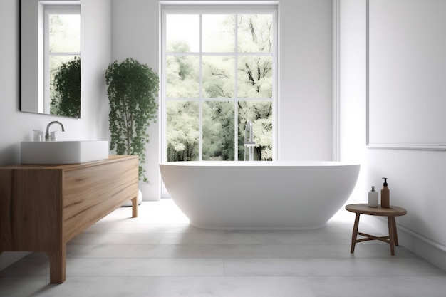 Wood interior home house modern bathroom white bathtub architecture luxury clean Generative AI