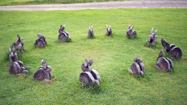 The wood is trimmed to the desired shape. Rabbit are made of wood on grass.