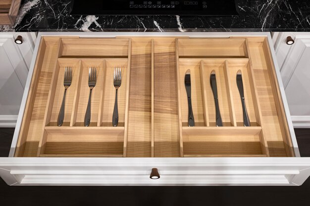 Photo wood kitchen drawer organizer utensil holder with simple set of kitchen tools furniture details