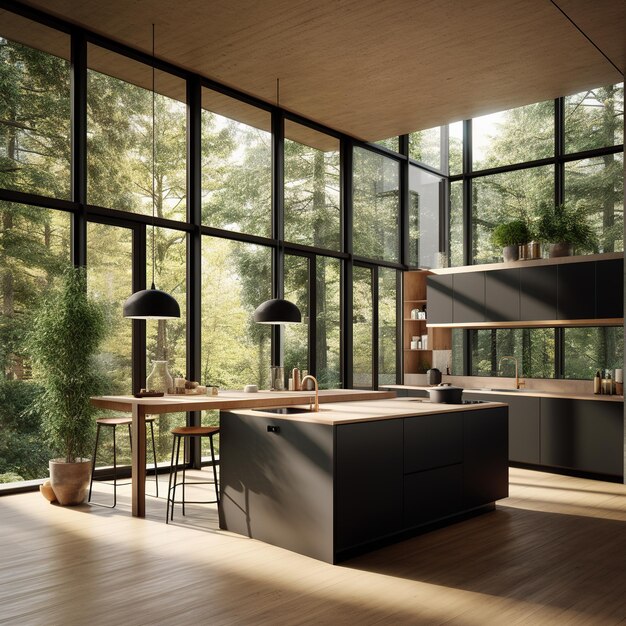 wood kitchen island on the interior of contemporary house