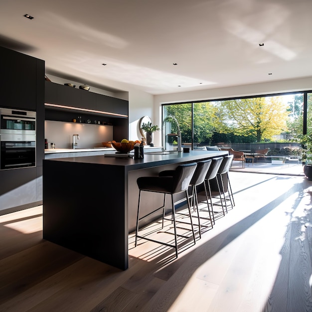 wood kitchen island on the interior of contemporary house