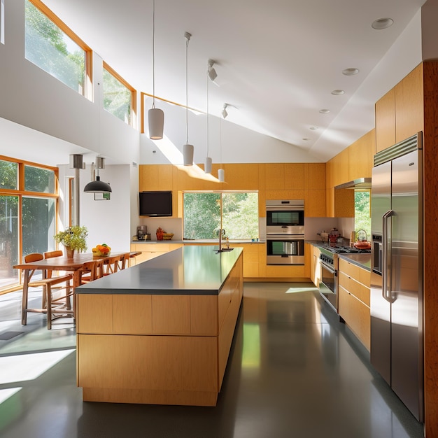 wood kitchen island on the interior of contemporary house