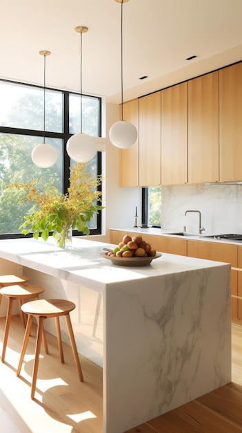 wood kitchen island on the interior of contemporary house