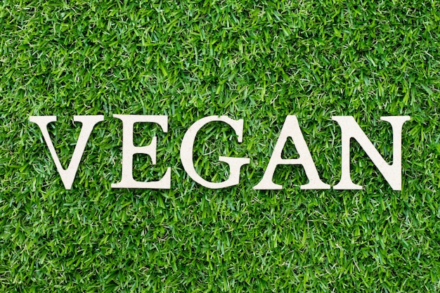 Wood letter in word "vegan" on green grass