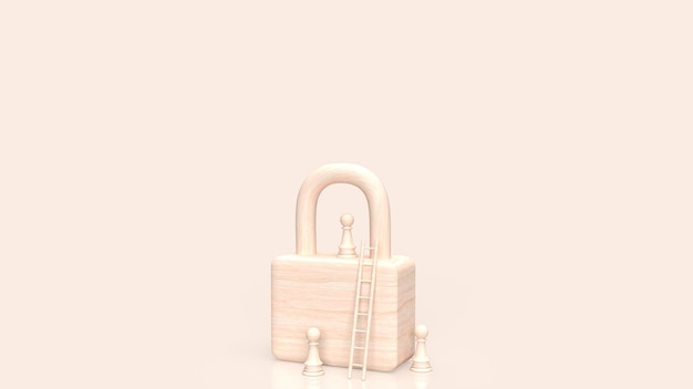 The wood lock and chess for business concept 3d rendering