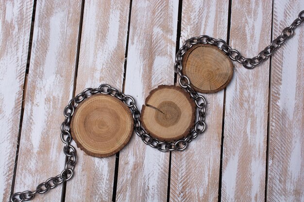 Wood Logs cut in round thin pieces with metal chain around