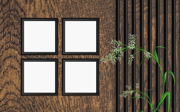 wood look luxury A4 size square photo frame mockup background with green leaves 3d rendering