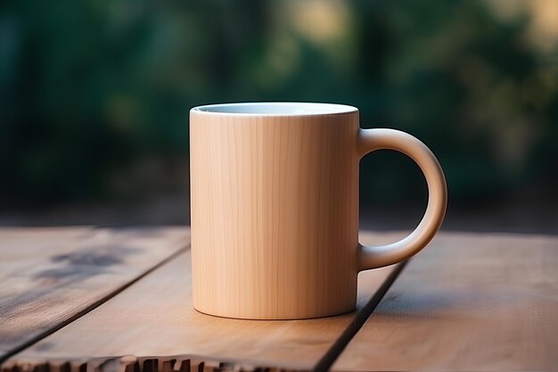 Photo wood mug mockup on wooden table neutral background
