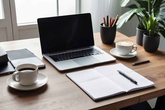 Wood office desk table with laptop cup of coffee and supplies