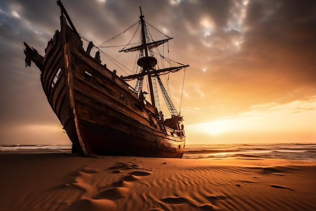 古い木製の帆船がサハラ砂漠の真ん中に停泊した真夜中の半月