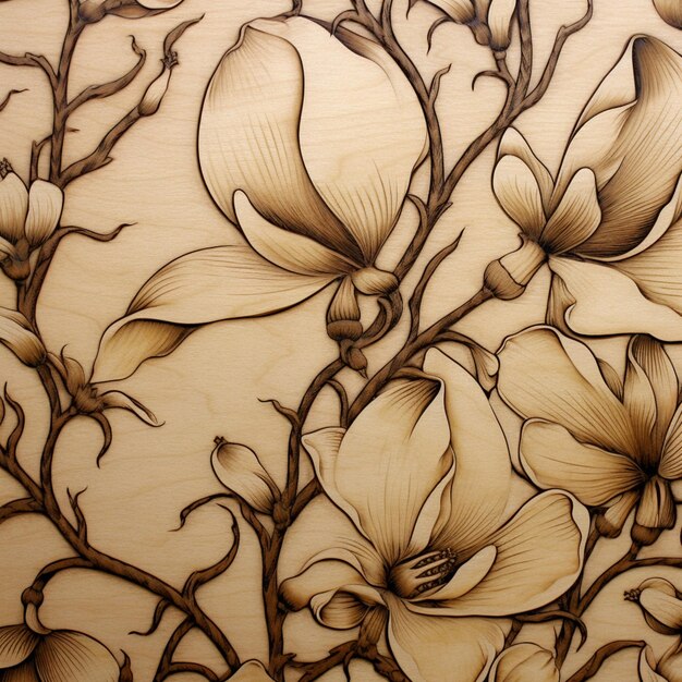 Photo a wood panel with flowers and leaves on it