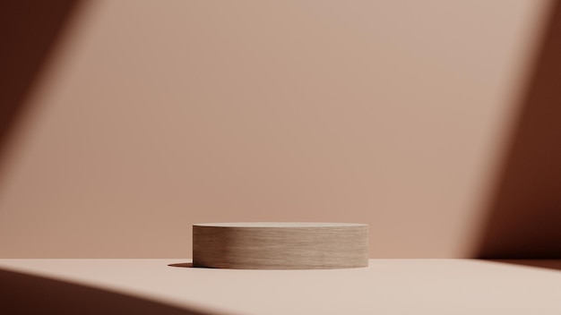 wood pedestal podium mockup display, beige backdrop with shadow, natural wooden stand for showcase