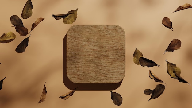 wood pedestal or podium mockup with dried leaves, product beauty display platform, 3d wooden stage