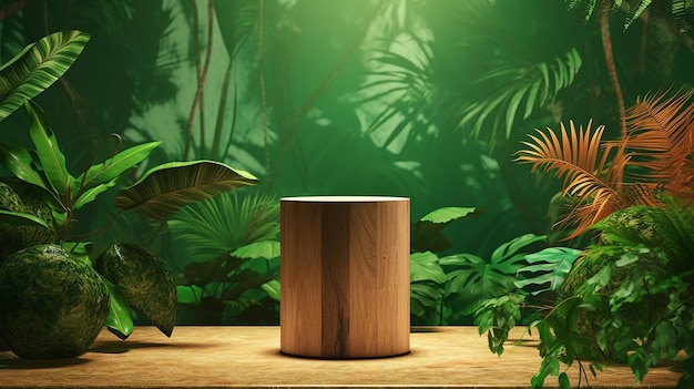 Wood pedestal in tropical forest for product present Generative AI