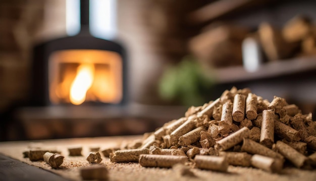 Foto pellets di legno per stufe che simboleggiano il calore e la sostenibilità all'interno