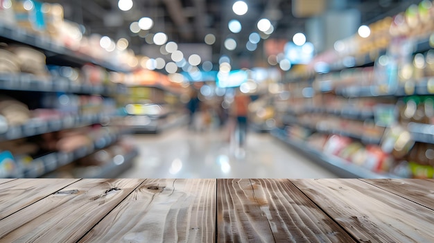 Photo wood plank over blurred image of supermarket people shopping product shelf busines generative ai