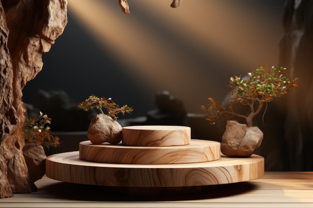 wood podium display for food perfume jewellery and cosmetic products Generative AI