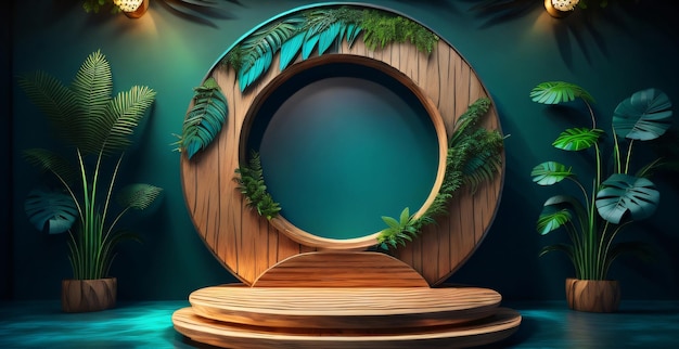 Photo wood podium mockup of colorful for 3d art product space sppresentation on background of tropical lea