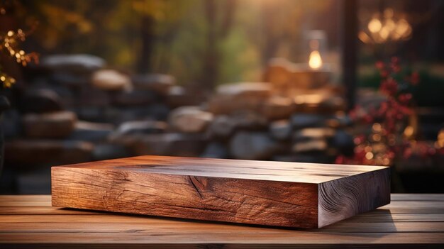 Wood podium product stand or display with cinematic light and blur background