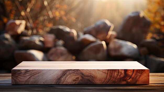 Photo wood podium product stand or display with cinematic light and blur background