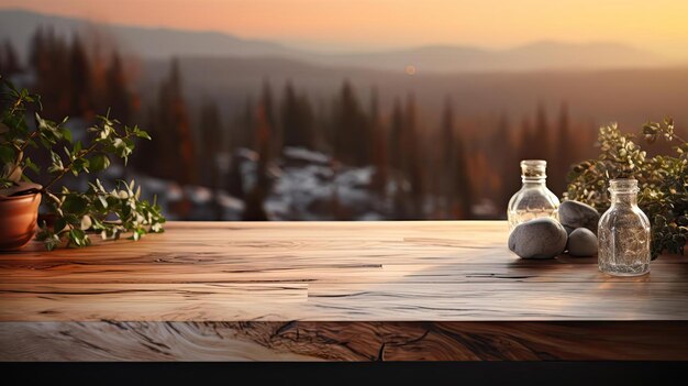 Photo wood podium product stand or display with cinematic light and blur background