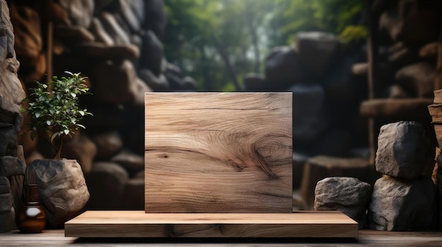 Wood podium product stand or display with cinematic light and cinematic background