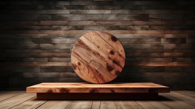 Wood podium product stand or display with cinematic light and cinematic background