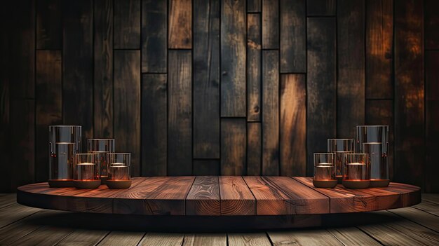 Photo wood podium product stand or display with cinematic light and cinematic background