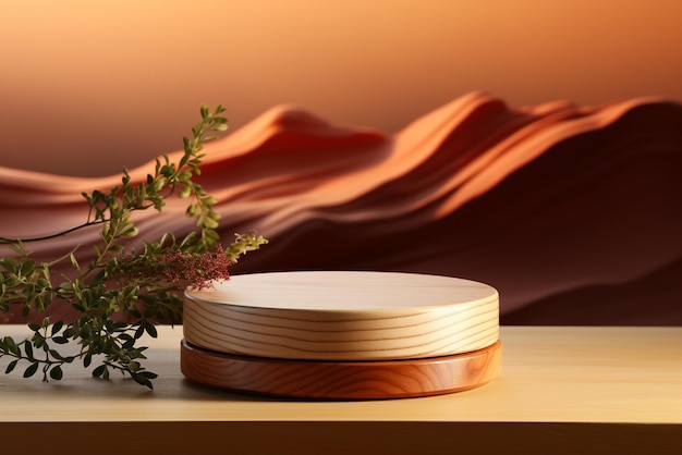 wood podium set in the style of soft and airy compositions natureinspired shapes minimalist stag