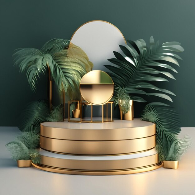 Wood podium stage display mockup for product presentation decorated with tropical palm leaves