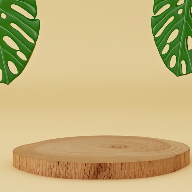 Wood podium stage display mockup for product presentation decorated with tropical palm leaves