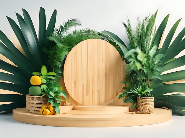 Wood podium stage display mockup for product presentation decorated with tropical palm leaves