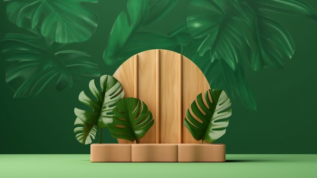 Wood podium stage display for product presentation decoration with monstera leaves