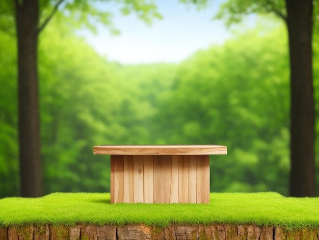 wood podium with blurry green nature background