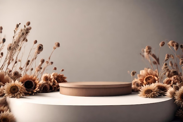 Wood podium with dried flowers