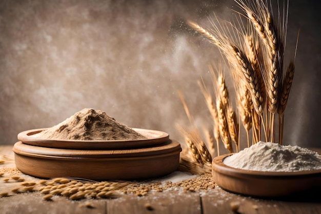 Wood podium with flour and wheat