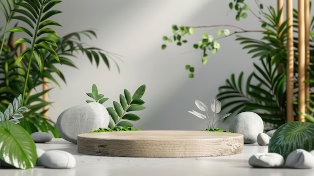 Wood podium with green leaves and natural stones Abstract podium for organic cosmetic products Natural stand for presentation and exhibitions Front view