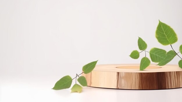 Wood podium with green leaves and natural stones background for cosmetic products of natural color generative ai