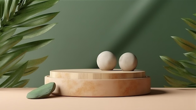 Foto podio in legno con foglie verdi e pietre naturali sfondo per prodotti cosmetici di colore naturale generativo ai