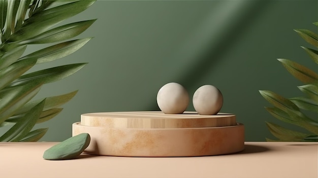 Wood podium with green leaves and natural stones Background for cosmetic products of natural color Generative Ai