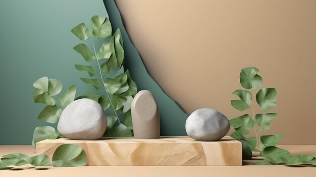 Wood podium with green leaves and natural stones Background for cosmetic products of natural color Generative Ai