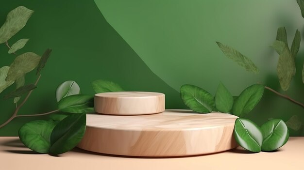 Wood podium with green leaves and natural stones Background for cosmetic products of natural color Generative Ai