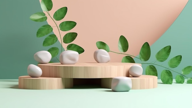 Деревянный подиум с зелеными листьями и натуральными камнями Фон для косметических продуктов натурального цвета Generative Ai