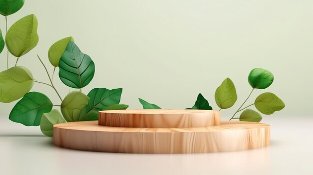 Деревянный подиум с зелеными листьями и натуральными камнями Фон для косметических продуктов натурального цвета Generative Ai