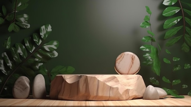 Wood podium with green leaves and natural stones Background for cosmetic products of natural color Generative Ai