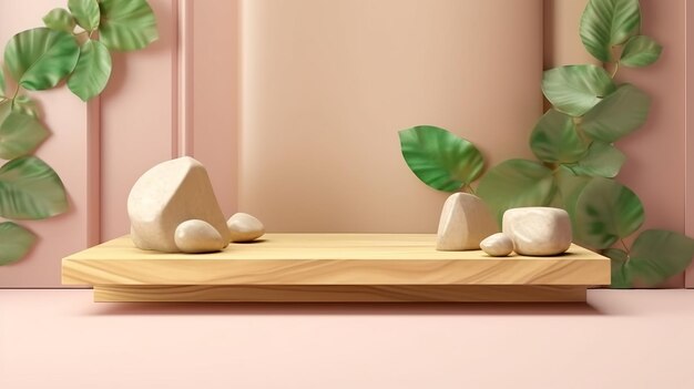 Wood podium with green leaves and natural stones background for cosmetic products of natural color generative ai